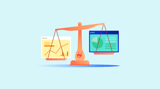 Ilustración de una balanza con dos interfaces de software