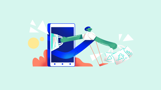 Ilustración de una persona saliendo de la pantalla de un teléfono móvil