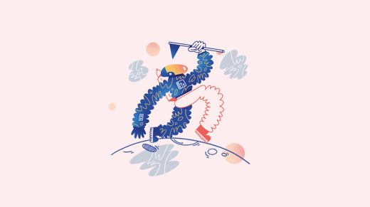 Illustration of an astronaut with a flag walking on a planet