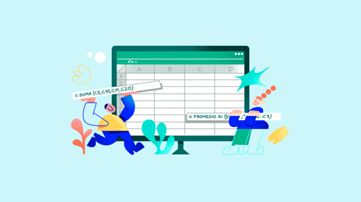 Illustration of two people adding formulas to an Excel sheet