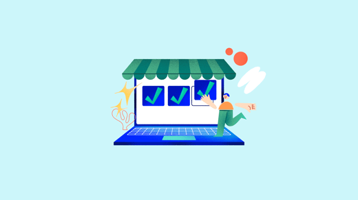 Illustration of a person besides an online store in a laptop
