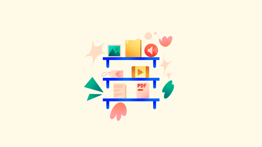 Ilustración de estanterías con archivos digitales sobre fondo azul