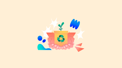 Ilustración de unas manos con una caja con símbolo de reciclaje de la que sale una planta