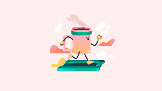 Ilustración de una taza sonriente en una cinta de correr