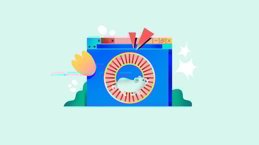 Ilustración de hámster corriendo en una rueda en una ventana de navegador online
