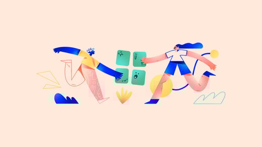 Illustration of two people interacting with four green buttons