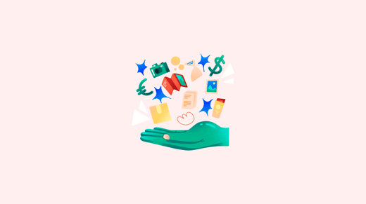 Ilustración de una mano que sostiene muchos iconos