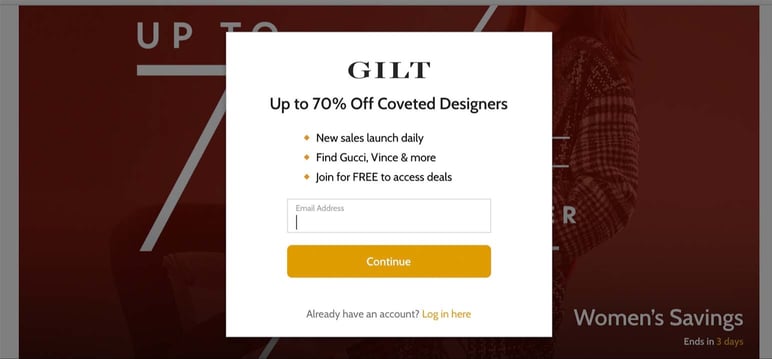 Gilt ecommerce flash sales popup