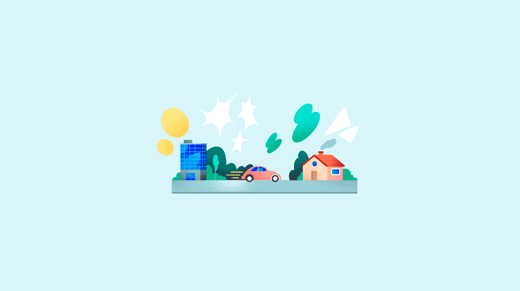 Illustration of a car between a big building and a house
