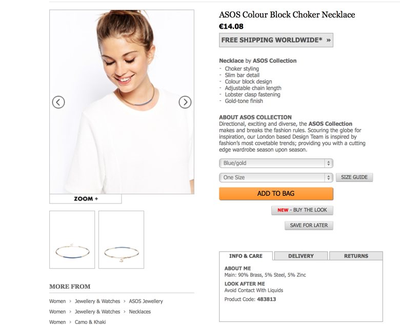 Product data sheet example in asos