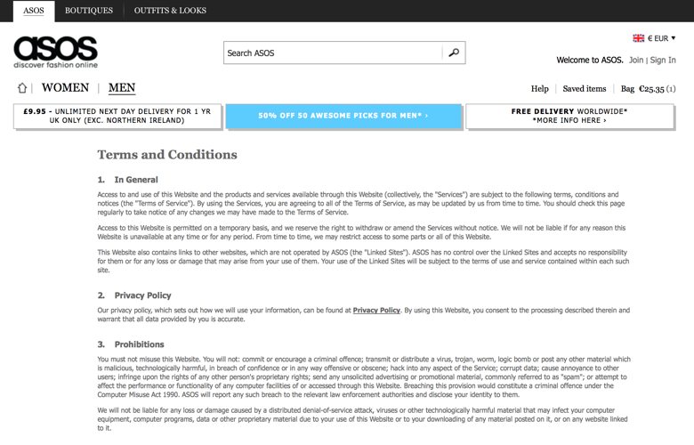 Terms and conditions in Asos
