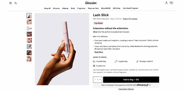 Beauty care shop example Glossier