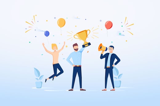 Ilustración de tres personas celebrando con un trofeo en alto y globos
