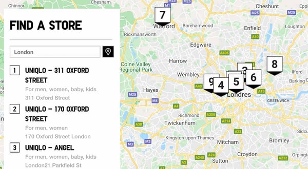 Map of click and collect Uniqlo stores