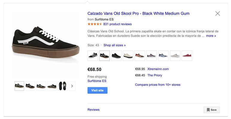 Complete VANs sneakers product ad on Google Shopping