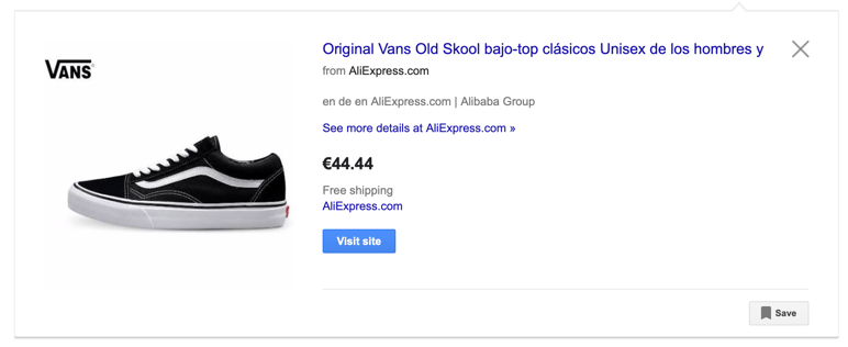 Poor VANs sneakers product ad on Google Shopping