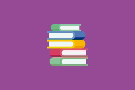 Ilustración de una pila de libros sobre fondo morado