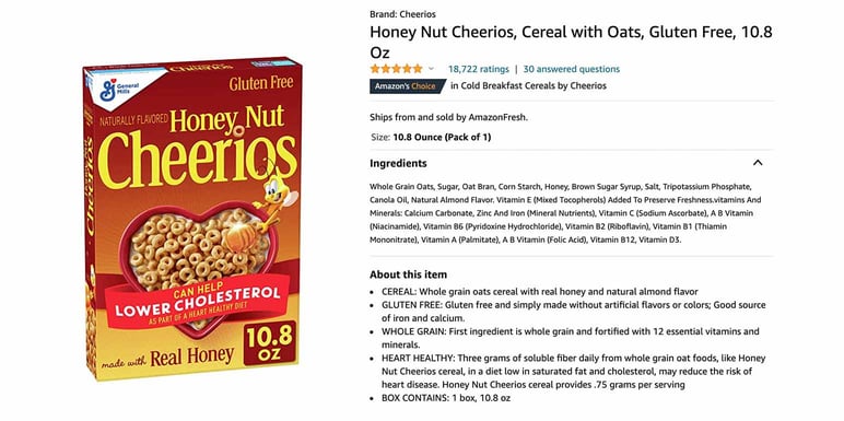 Product page of Cheerios cereal on Amazon Fresh