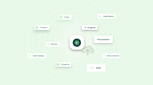 Diagrama explicativo del ecosistema de un PIM conectando funciones como productos, categorías, DAM, flujos de trabajo y conectores nativos.
