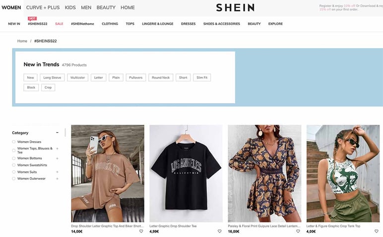 Real time fashion ecommerce Shein