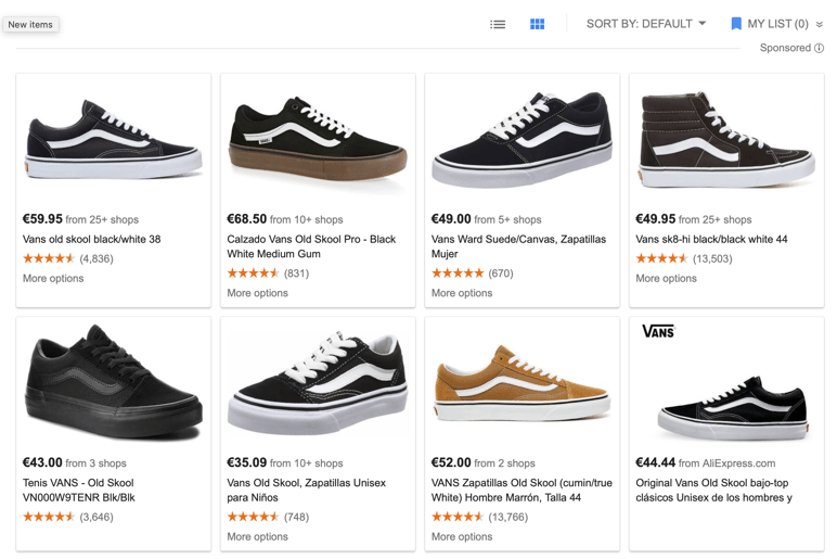 Google Shopping Vans sneakers results