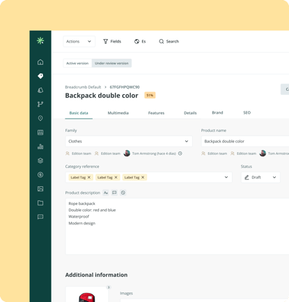 Screenshot of Sales Layer PIM product editing dashboard showing catalog data enrichment, including product name, family, description, category tags, and completion percentage.