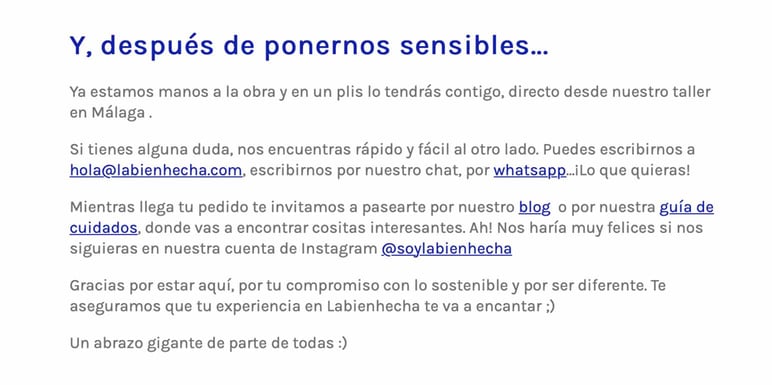 Mensaje del servicio de postventa Labienhecha