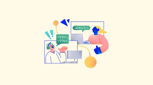 Ilustración de dos personas hablando frente a sus ordenadores